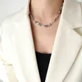 Bold silver titanium steel chunky link necklace worn with a minimalist white blazer - Steel Color Necklace 42+3cm