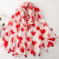 Elegant ladies cotton linen feel scarf featuring red heart print and decorative tassels - White Heart Pattern (SL2604-011)