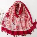 Ethnic style cotton-linen scarf with orange wheat pattern and tassels - Red & Orange Ethnic Style (SL2604-008)