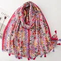 Ethnic style floral print scarf with orange tassels and soft cotton-linen texture - Orange-Red & Purple Ethnic Ditsy Floral (SL2604-014)