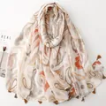 Ethnic cotton linen scarf featuring orange wheat ear patterns and decorative tassels - Beige-White Orange & Coffee Wheat Pattern (SL2605-001)