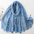 Light blue ethnic style scarf featuring black paisley patterns and white tassels - Light Blue Paisley Print (SL2605-003)