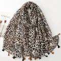 Leopard print cotton linen feel shawl scarf with decorative orange and black tassels - Classic Leopard Print (SL2605-002)