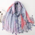 Ethnic bohemian paisley print cotton-linen scarf with decorative tassels for women - Blue Purple & Pink Ethnic Patchwork (SL2605-007)