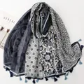Ethnic style blue and white floral pattern cotton linen scarf with hanging tassels - Various Blue Tones Pattern Patchwork (SL2605-008)