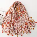 Orange ethnic floral cotton linen scarf with elegant tassels for women's beach travel - Orange Tone Floral Pattern (SL2605-005)