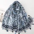 Bohemian ethnic print cotton-linen feel shawl scarf with blue patterns and tassels - Light & Dark Blue Wheat & Petal Pattern (SL2605-006)