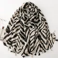 Zebra pattern cotton linen lightweight scarf featuring stylish monochrome tassels for women - Black & White Zebra Print (SL2605-010)