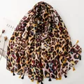 Leopard print cotton linen feel scarf with colorful wheat ear tassels for women - Classic Leopard Print (SL2605-012)