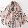 Elegant pink floral scarf with cotton linen feel and decorative tassels for women - Light Pink & Grey Floral (SL2605-01-Pink)