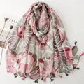 Bohemian ethnic floral print scarf for women with tassels in a soft cotton linen blend - Pink & Dark Green Abstract Floral (SL2606-013)