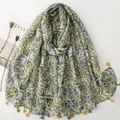 Lightweight ethnic style cotton linen scarf with paisley pattern and wheat tassels - Grey-Green & Yellow Paisley (SL2606-014)