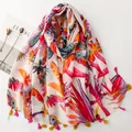 Ethnic style cotton linen feel scarf with colorful tassels and tropical leaf print - Colorful Tropical Large Leaves (SL2606-015)