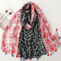 Ethnic style scarf with red floral and leopard prints featuring colorful tassels - Orange Red Ditsy Leopard Patchwork (SL2606-016)