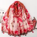 Bohemian style orange floral scarf with decorative tassels and soft cotton-linen feel - Orange-Red & White Wheat Floral (SL2605-004-Red)
