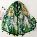 Ethnic style cotton linen feel scarf with orange wheat ear tassels in green print - Green White & Yellow Plant Radial Geometric (SL2605-004-Green)