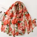 Cotton-linen feel ethnic scarf with orange floral prints and red wheat ear tassels - Orange Large Floral Print (SL2606-033)