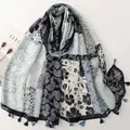 Ethnic style paisley patchwork scarf with tassels in blue and white linen-feel fabric - Blue Black White Patchwork Pattern (SL2606-030)
