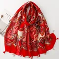 Ethnic style red paisley scarf with cotton-linen feel and decorative wheat tassels - Red Paisley Pattern (SL2604-013-Red)