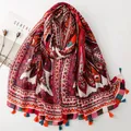 Vibrant ethnic style cotton linen feel scarf with orange wheat ear tassels beach - Orange-Red & White Ethnic Style (SL2604-009-RedWhite)