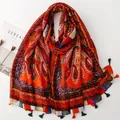 Ethnic orange paisley patterned scarf with colorful tassels and soft cotton-linen feel - Orange Ethnic Pattern (SL2604-009-OrangeRed)