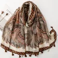 Ethnic style orange scarf with a cotton-linen feel and delicate wheat tassel trim details - Orange-Brown Paisley (SL2604-012-EarthTone)