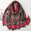 Bohemian style ethnic scarf with elegant paisley patterns and pink wheat tassels - Rose Red Ethnic Wheat Pattern (SL2604-012-RoseRed)