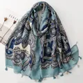 Ethnic style blue paisley scarf with soft cotton-linen feel and delicate small tassels - Navy Cream Paisley (SL2604-013蓝)