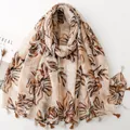 Lightweight ethnic style cotton-linen feel shawl with wheat patterns and tassels - Beige & Brown Wheat Pattern (SL2605-011-Khaki)