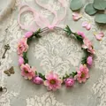 Pink floral wreath headband with ribbon for bohemian bridal or beach style - Pink