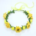 Bohemian style flower crown headband featuring vibrant yellow blossoms and ribbon tie - Yellow