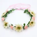 Bohemian floral wreath headband featuring pink and cream roses with a pink ribbon tie - Flesh Pink