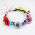 Colorful Bohemian floral crown headband with pink ribbon for bridal and party wear - Colorful