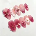 Handmade 3D floral and pearl almond press-on nails with elegant pink gradient finish - S / Pink Gradient 3D Floral (2XB1-13942-S) / Custom Handmade Set