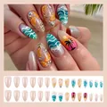 Summer theme French press-on nails set with 24pcs featuring citrus and ocean designs. - Jelly Glue Type / DZ2434-B7Q Coconut Orange Sea Breeze