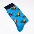 Fashionable bright blue crew socks featuring a colorful pixel art rooster pattern - One Size / Rooster Pattern (A169)