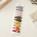 10-piece set of assorted floral and plaid fabric snap hair clips on white card - Floral Gingham Embroidery Set (10L)