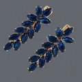 Barrette à cheveux dorée avec cristaux bleu marine en forme de feuilles pour femmes - Style Luxe Zircon Bleu (HS-J6754GBLUE)