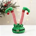 Vue détaillée des jambes d'elfe de Noël rayées rouges et blanches avec pochette - Vert