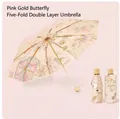 Premium five-fold double-layer umbrella with pink gold butterfly and floral pattern - Ultra Compact Layered Black Coating Gold Pole Butterfly