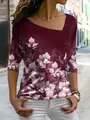 Elegante bordeauxrood shirt met lange mouwen, asymmetrische hals en witte bloemenprint - S / Bordeauxrood