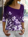 Paarse top met lange mouwen voor dames met bloemenprint en asymmetrische hals - S / Paars