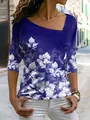 Dames T-shirt in donkerblauw met bloemenprint, lange mouwen en uniek asymmetrisch ontwerp - S / Saffierblauw