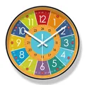 Educational colorful wall clock with 12 and 24 hour markers for kids learning time - Silent Blue Core - Rainbow Dots Black Frame (6362-W) / S