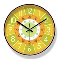 Colorful educational wall clock with 12 and 24 hour markers for kids bedroom learning - Basic Quartz - Geometric Splicing Black Frame (6366-B) / S