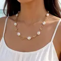 Elegant French vintage star and moon necklace featuring irregular white stones on gold chain - Star Moon Artificial Pearl Style (32683-nek-G-EP)