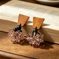 Vintage color-block floral gemstone earrings with brown leather and black beads - Wooden Pink Crystal Earrings (2605212)