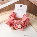 Elegant pink satin scrunchie set with pearl charm and bow, 2 pieces on card packaging - 2 Pieces/Pack / Pink