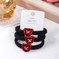 Premium-Set aus 3 elastischen Haarbändern mit rotem Bären-Charm in Schwarz, hoch elastisch - Bär-Stil / 3er Pack / Rot