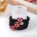 Elegant red heart charms black elastic hair ties set of 3 in white card packaging - Red